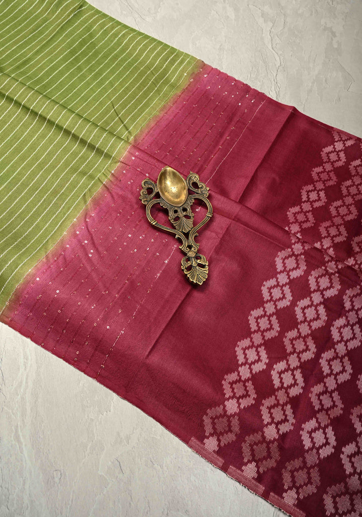 Sap Green Borderless Semi Tussar Saree with Thread Horizontal Stripes and Contrast Pallu | SHOBITAM