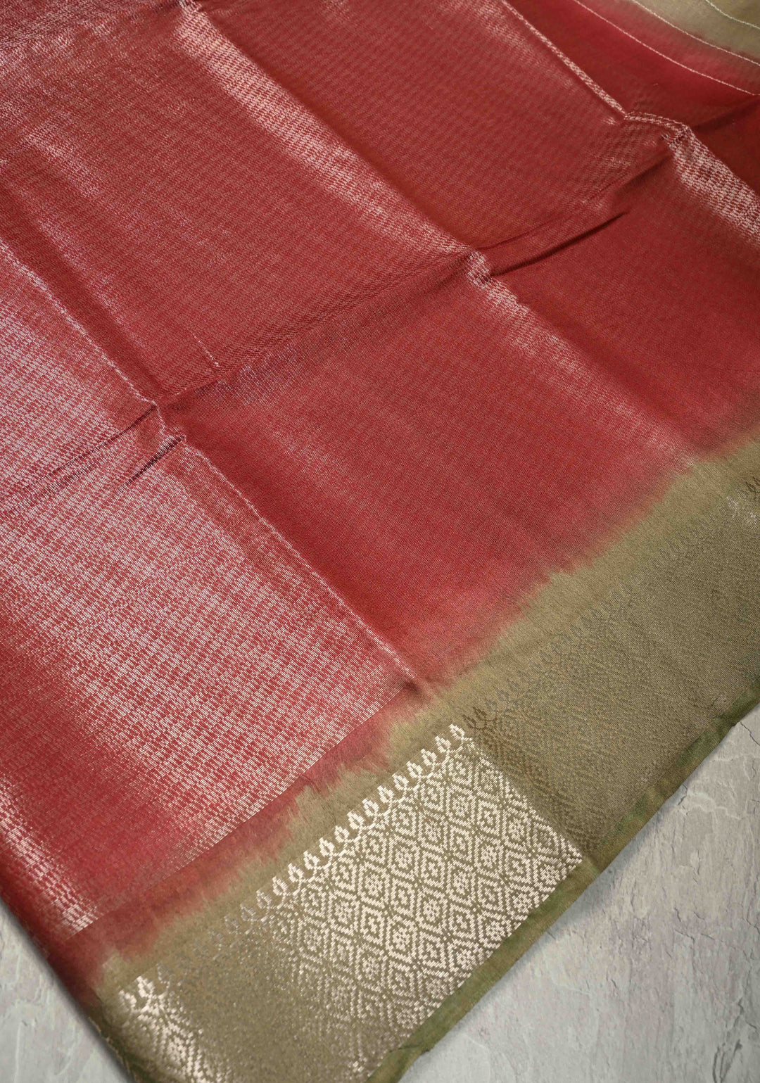 Brick Red  Semi Tussar Tissue Saree with Contrast Zari Border and Pallu