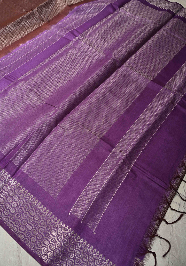 Coffee Brown Semi Tussar Tissue Saree with Contrast Zari Border and Pallu | SHOBITAM