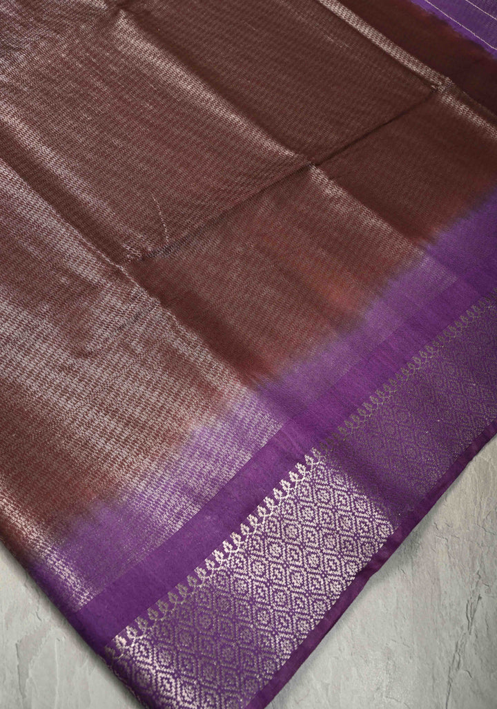 Coffee Brown Semi Tussar Tissue Saree with Contrast Zari Border and Pallu | SHOBITAM