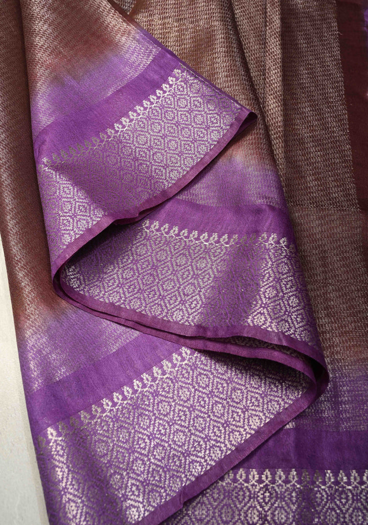Coffee Brown Semi Tussar Tissue Saree with Contrast Zari Border and Pallu | SHOBITAM