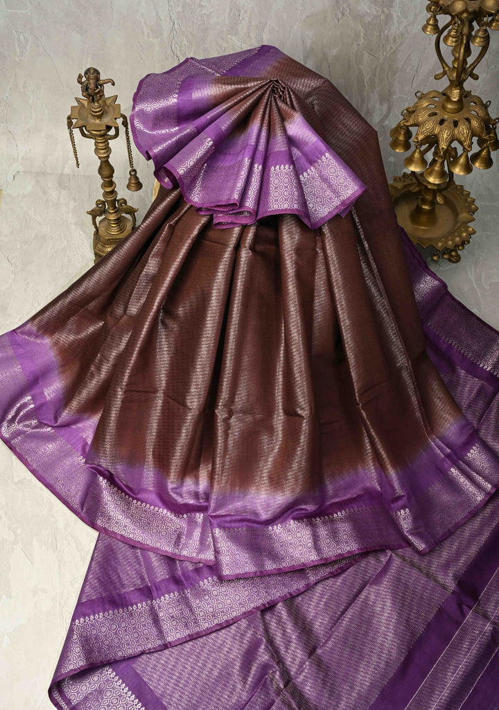 Coffee Brown Semi Tussar Tissue Saree with Contrast Zari Border and Pallu | SHOBITAM