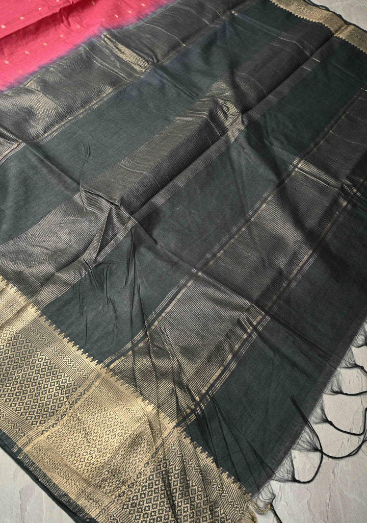 Pink Semi Tussar Saree with Zari Polka Dots and Contrast Zari Border | SHOBITAM