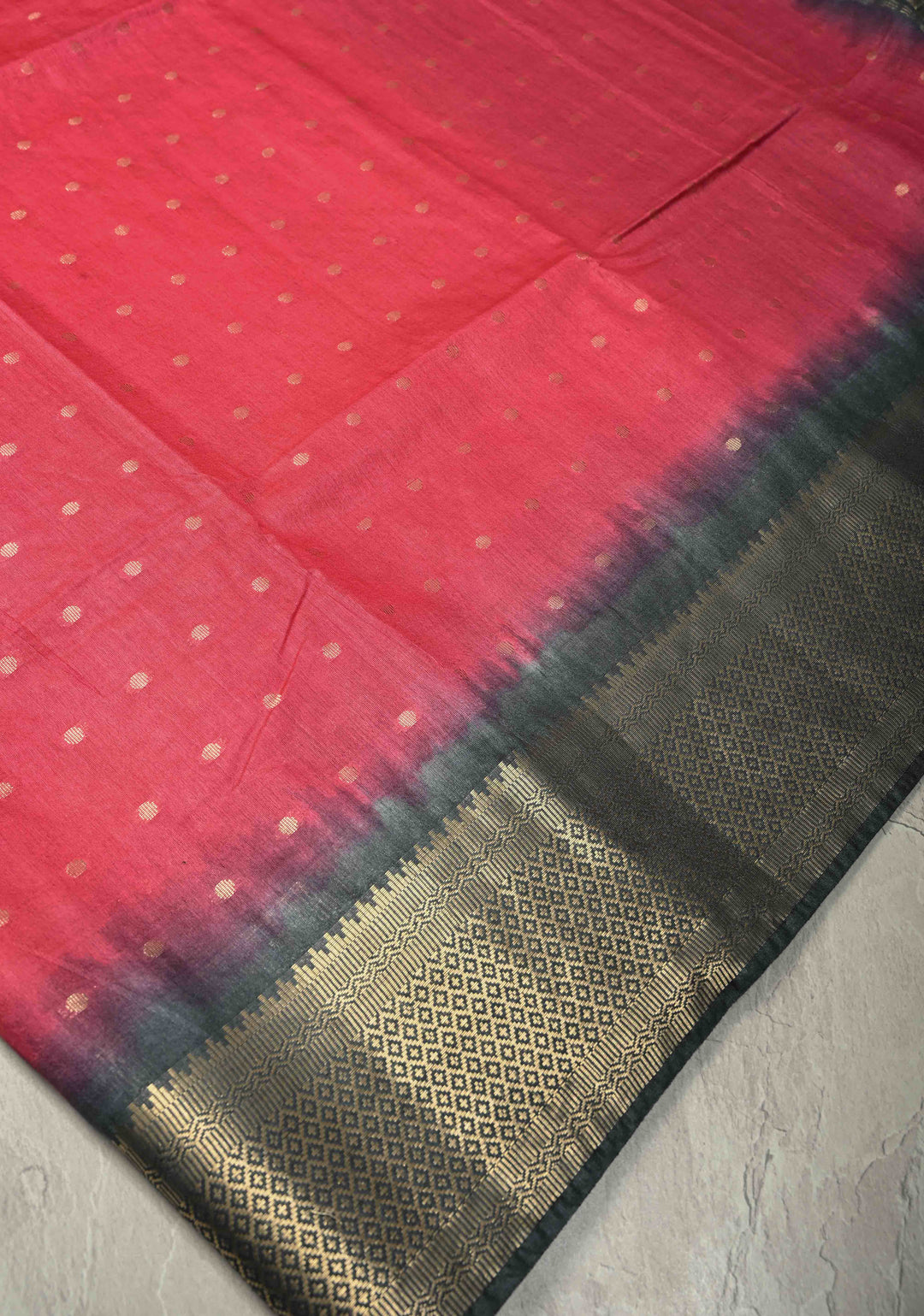 Pink Semi Tussar Saree with Zari Polka Dots and Contrast Zari Border | SHOBITAM