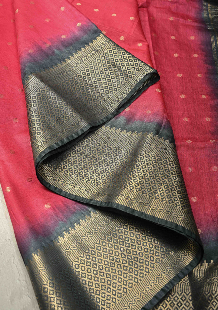 Pink Semi Tussar Saree with Zari Polka Dots and Contrast Zari Border | SHOBITAM