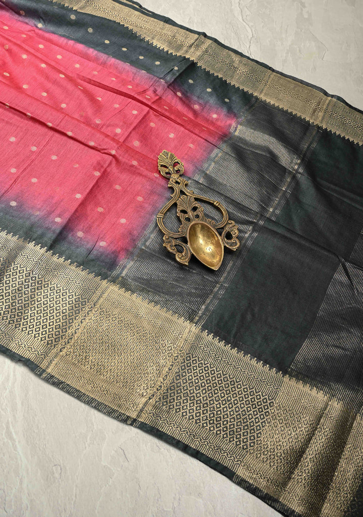 Pink Semi Tussar Saree with Zari Polka Dots and Contrast Zari Border | SHOBITAM