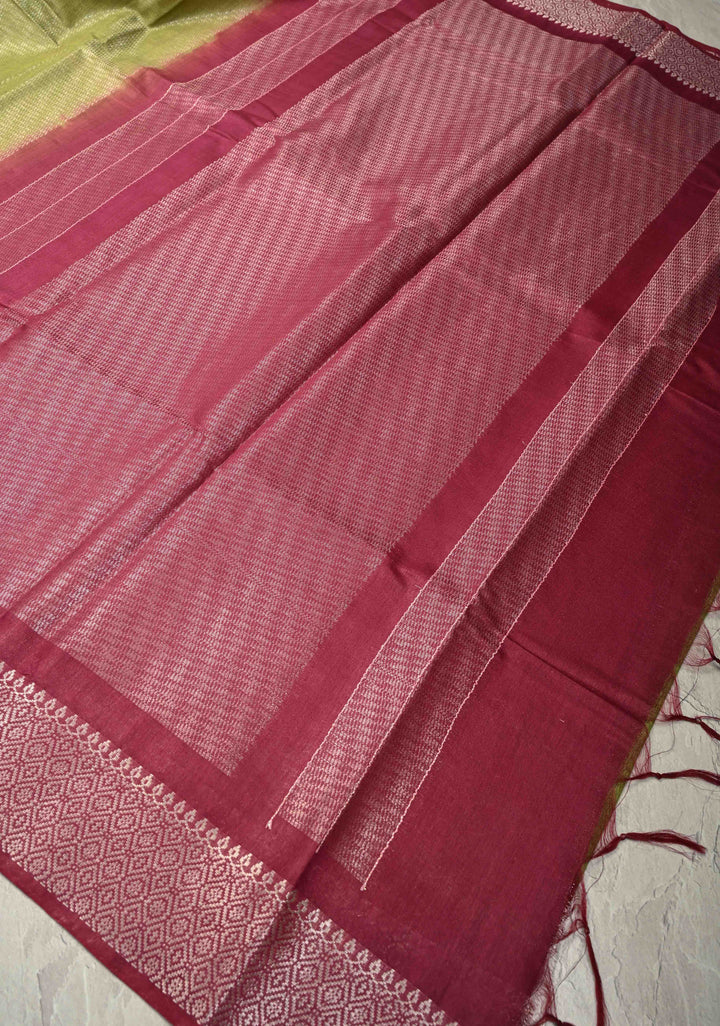 Parrot Green Semi Tussar Tissue Saree with Contrast Zari Border and Pallu | SHOBITAM