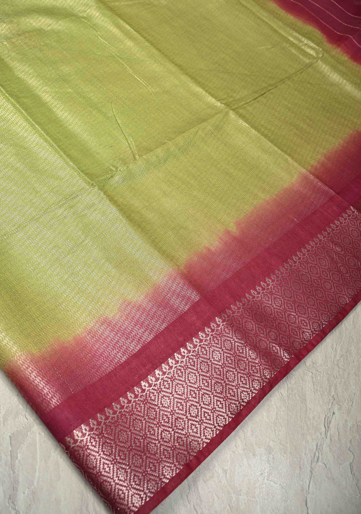 Parrot Green Semi Tussar Tissue Saree with Contrast Zari Border and Pallu | SHOBITAM