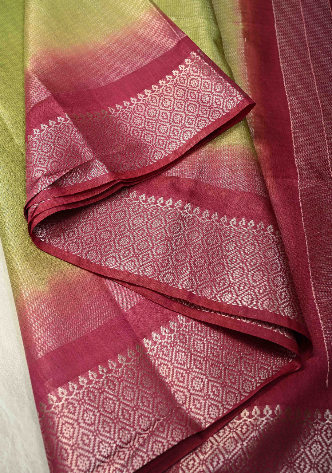 Parrot Green Semi Tussar Tissue Saree with Contrast Zari Border and Pallu | SHOBITAM