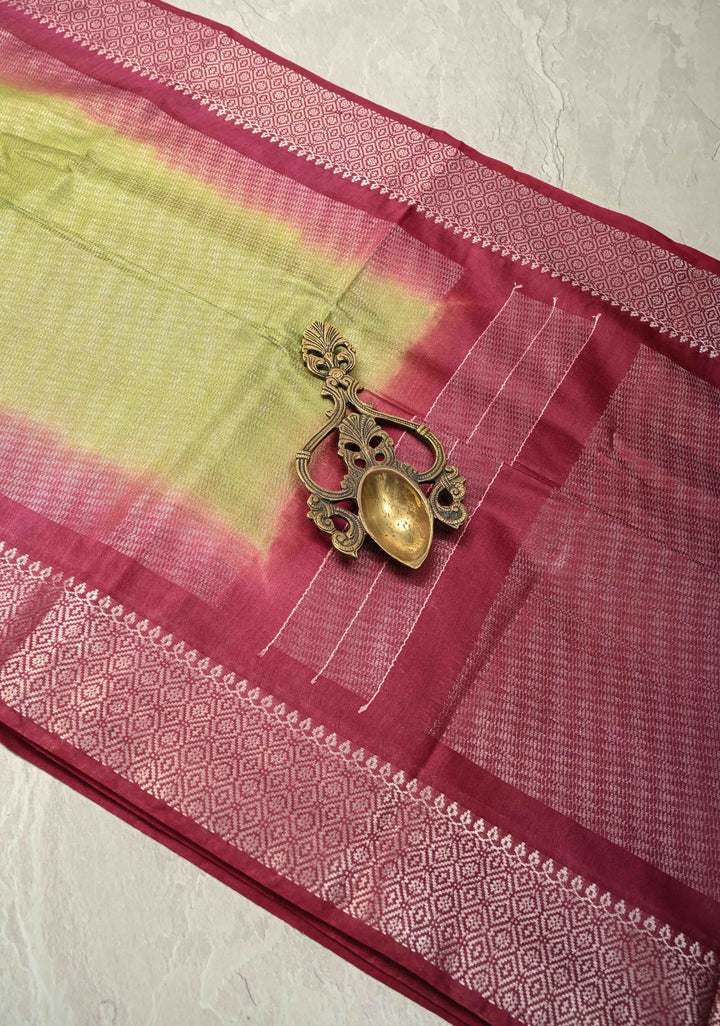 Parrot Green Semi Tussar Tissue Saree with Contrast Zari Border and Pallu | SHOBITAM