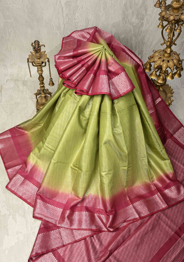 Parrot Green Semi Tussar Tissue Saree with Contrast Zari Border and Pallu | SHOBITAM