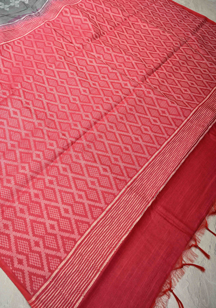 Gray Borderless Semi Tussar Saree with Thread Stripes-Buttas and Contrast Pallu | SHOBITAM