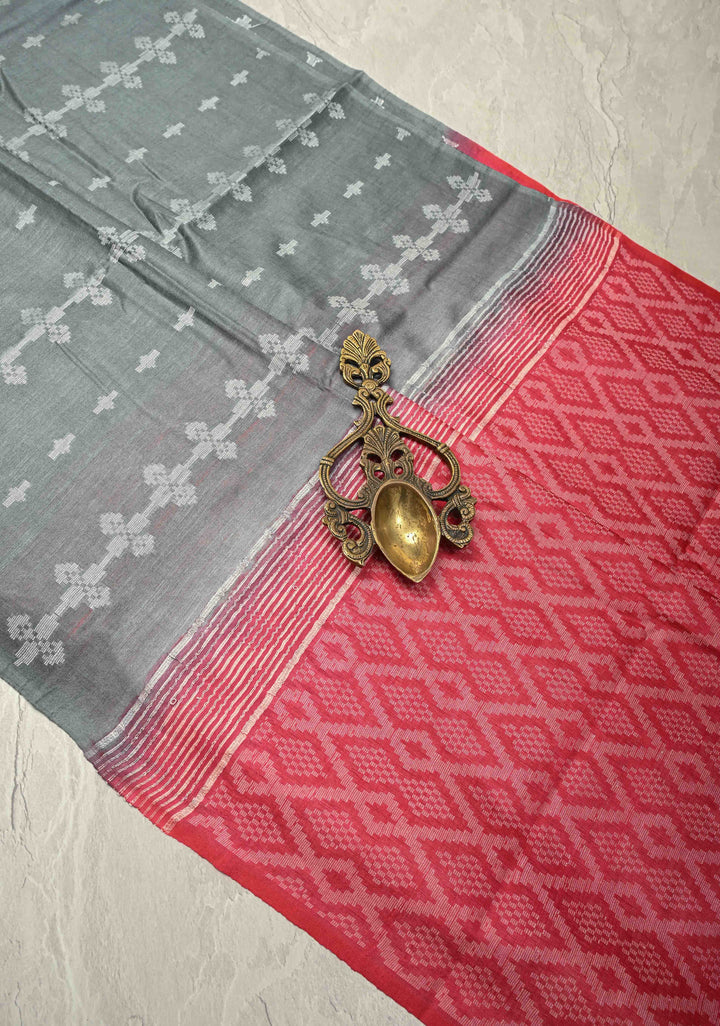 Gray Borderless Semi Tussar Saree with Thread Stripes-Buttas and Contrast Pallu | SHOBITAM