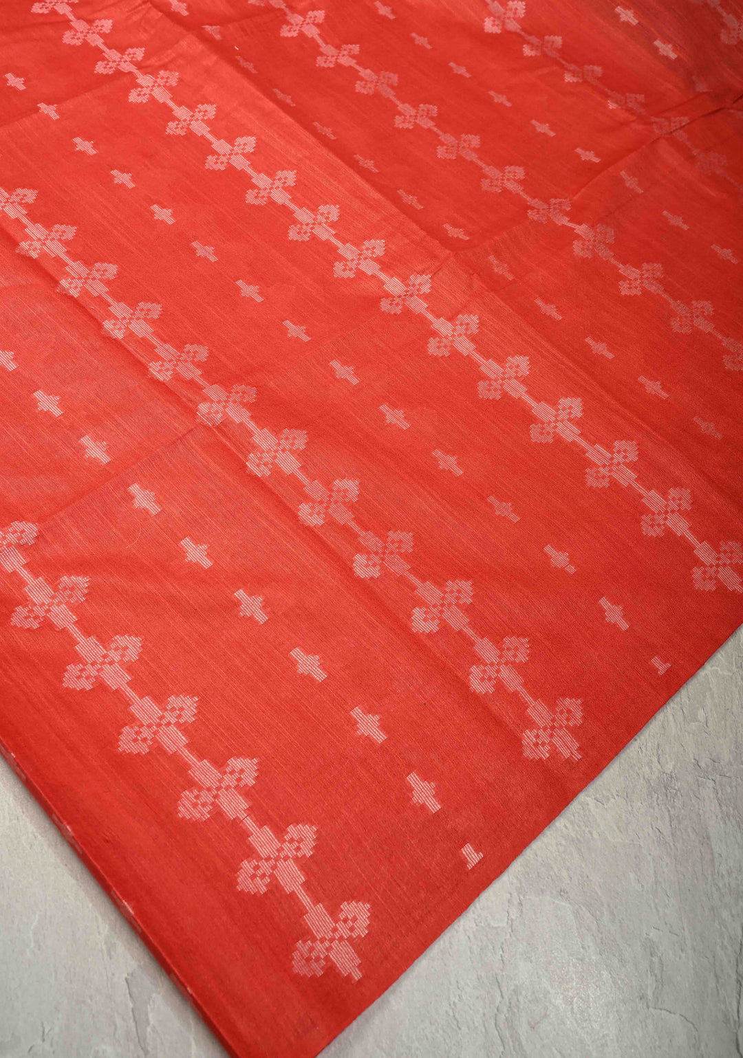 Vermilion Red Borderless Semi Tussar Saree with Thread Stripes-Buttas and Contrast Pallu | SHOBITAM
