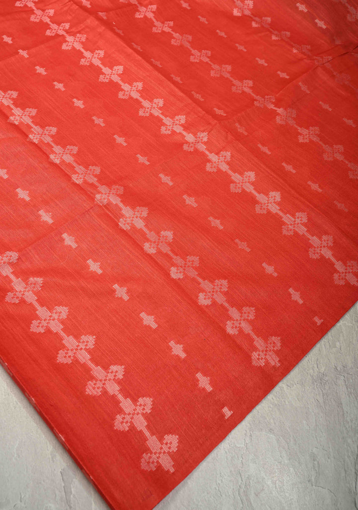 Vermilion Red Borderless Semi Tussar Saree with Thread Stripes-Buttas and Contrast Pallu | SHOBITAM