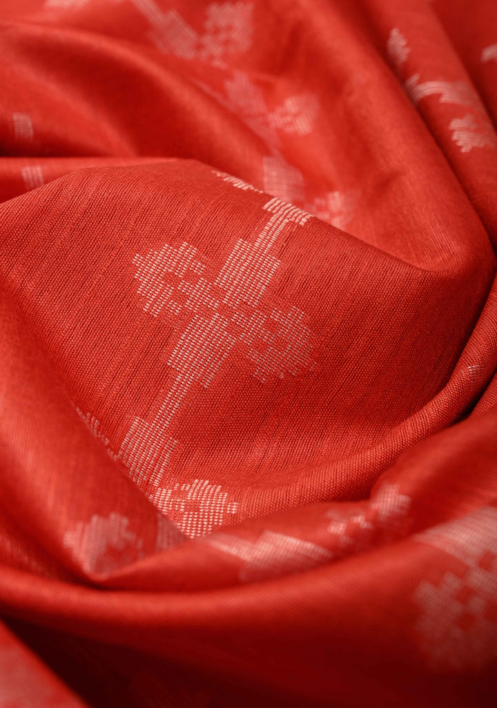 Vermilion Red Borderless Semi Tussar Saree with Thread Stripes-Buttas and Contrast Pallu | SHOBITAM