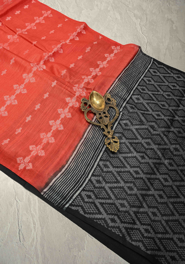Vermilion Red Borderless Semi Tussar Saree with Thread Stripes-Buttas and Contrast Pallu | SHOBITAM