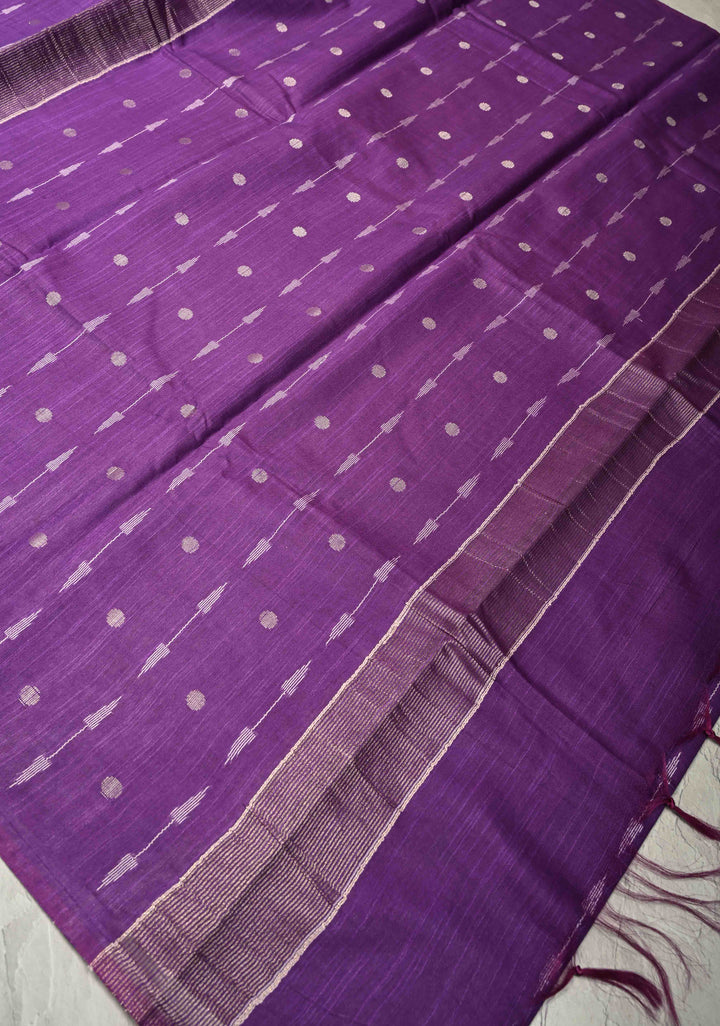 Grape Purple Borderless Semi Tussar Saree with Zari Polka Dots and Thread Stripes