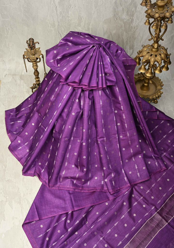 Grape Purple Borderless Semi Tussar Saree with Zari Polka Dots and Thread Stripes