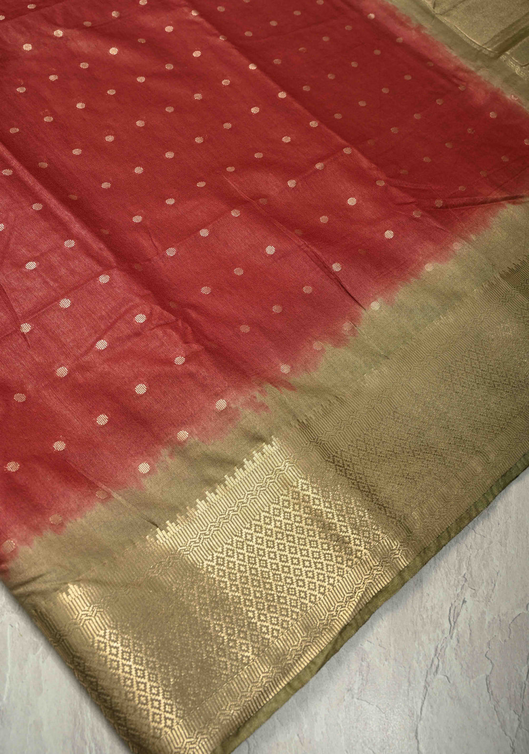 Maroon Semi Tussar Saree with Zari Polka Dots and Contrast Zari Border | SHOBITAM