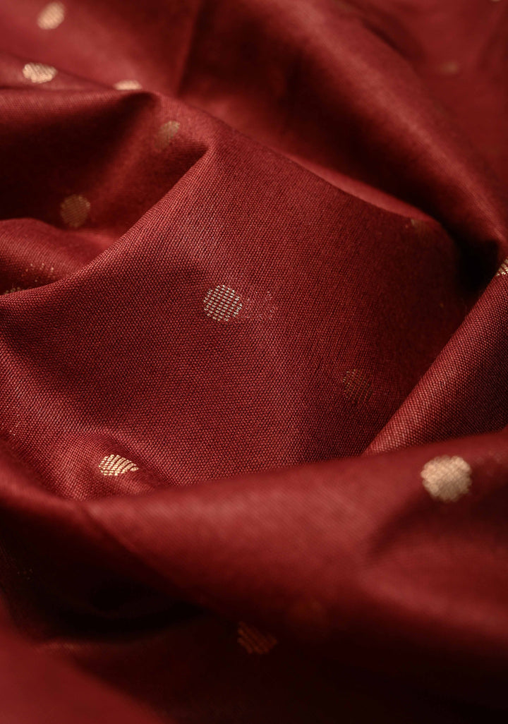 Maroon Semi Tussar Saree with Zari Polka Dots and Contrast Zari Border | SHOBITAM