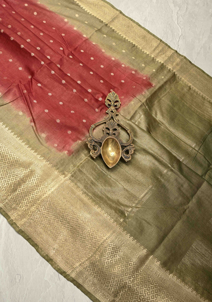 Maroon Semi Tussar Saree with Zari Polka Dots and Contrast Zari Border | SHOBITAM