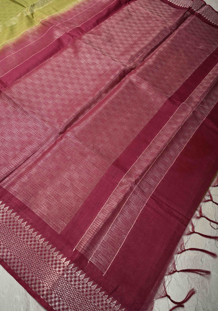 Parrot Gren Semi Tussar Tissue Saree with Contrast Temple Zari Border and Pallu | SHOBITAM