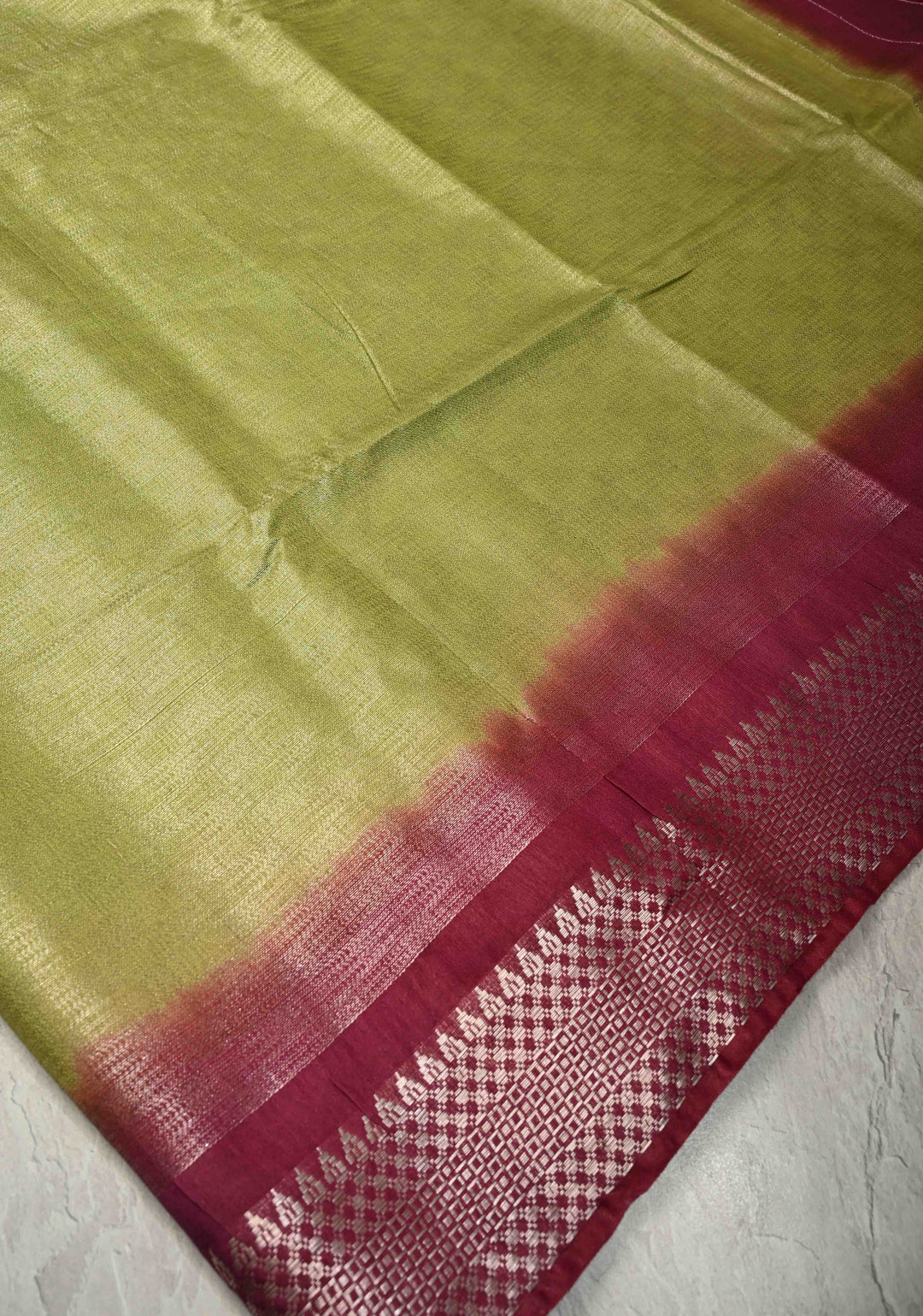 Parrot Gren Semi Tussar Tissue Saree with Contrast Temple Zari Border and Pallu | SHOBITAM