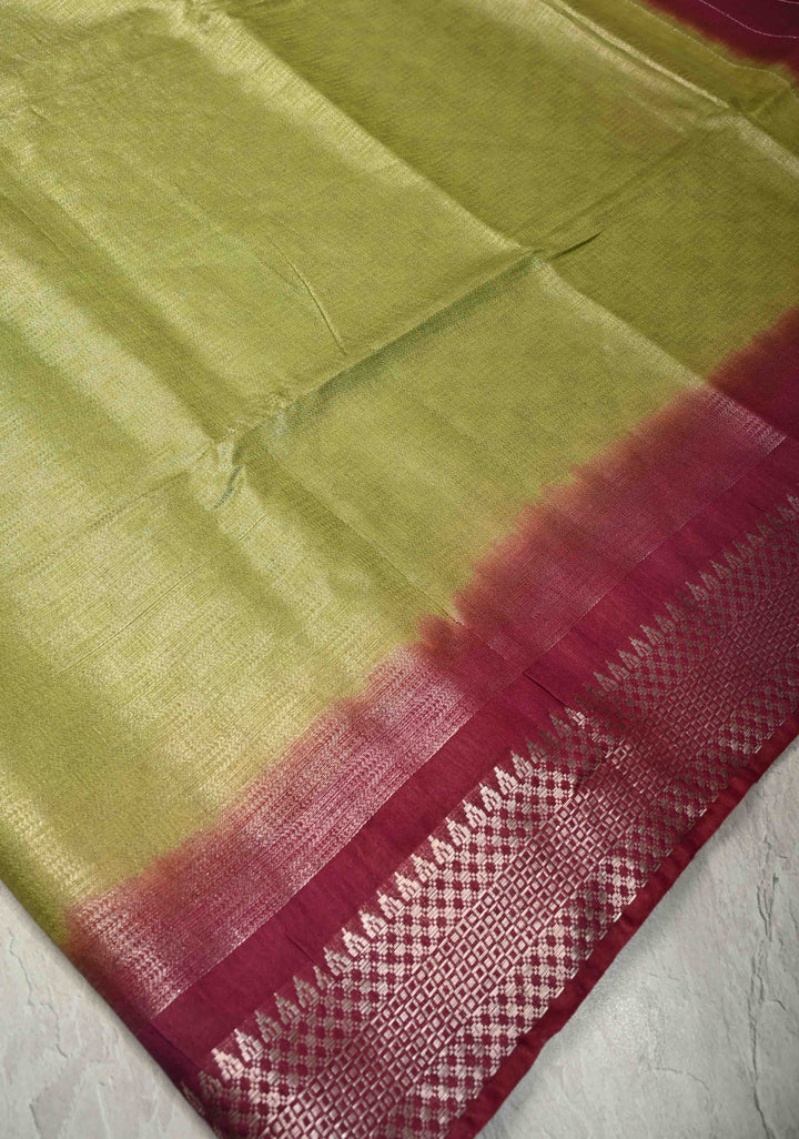 Parrot Gren Semi Tussar Tissue Saree with Contrast Temple Zari Border and Pallu | SHOBITAM