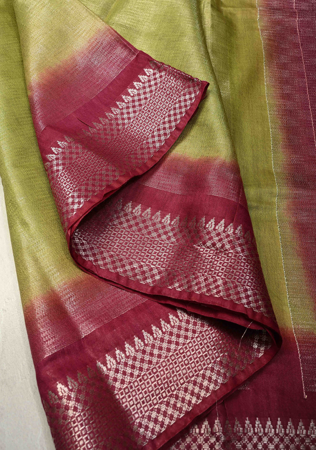 Parrot Gren Semi Tussar Tissue Saree with Contrast Temple Zari Border and Pallu | SHOBITAM