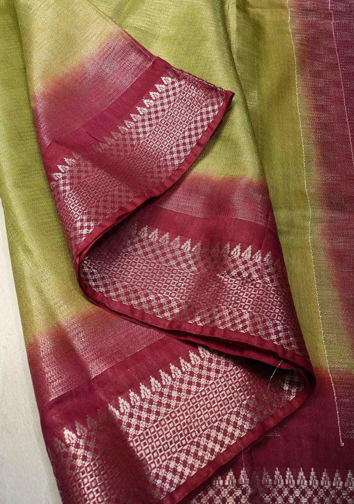 Parrot Gren Semi Tussar Tissue Saree with Contrast Temple Zari Border and Pallu | SHOBITAM