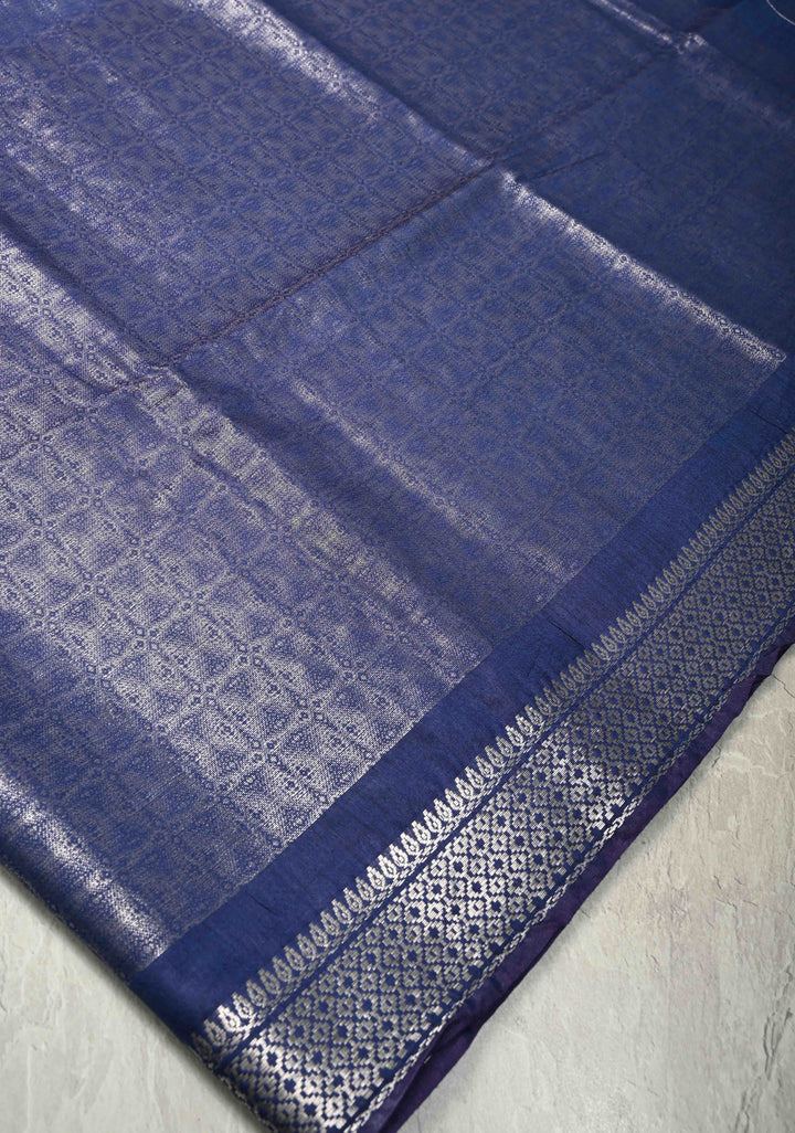 Royal Blue Semi Tussar Tissue Saree with Zari Border | SHOBITAM
