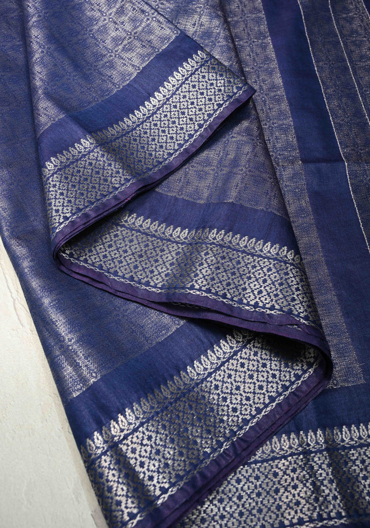 Royal Blue Semi Tussar Tissue Saree with Zari Border | SHOBITAM