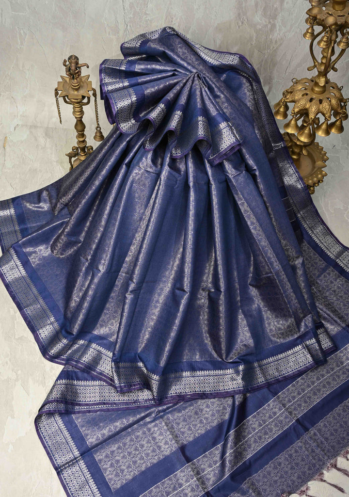 Royal Blue Semi Tussar Tissue Saree with Zari Border | SHOBITAM