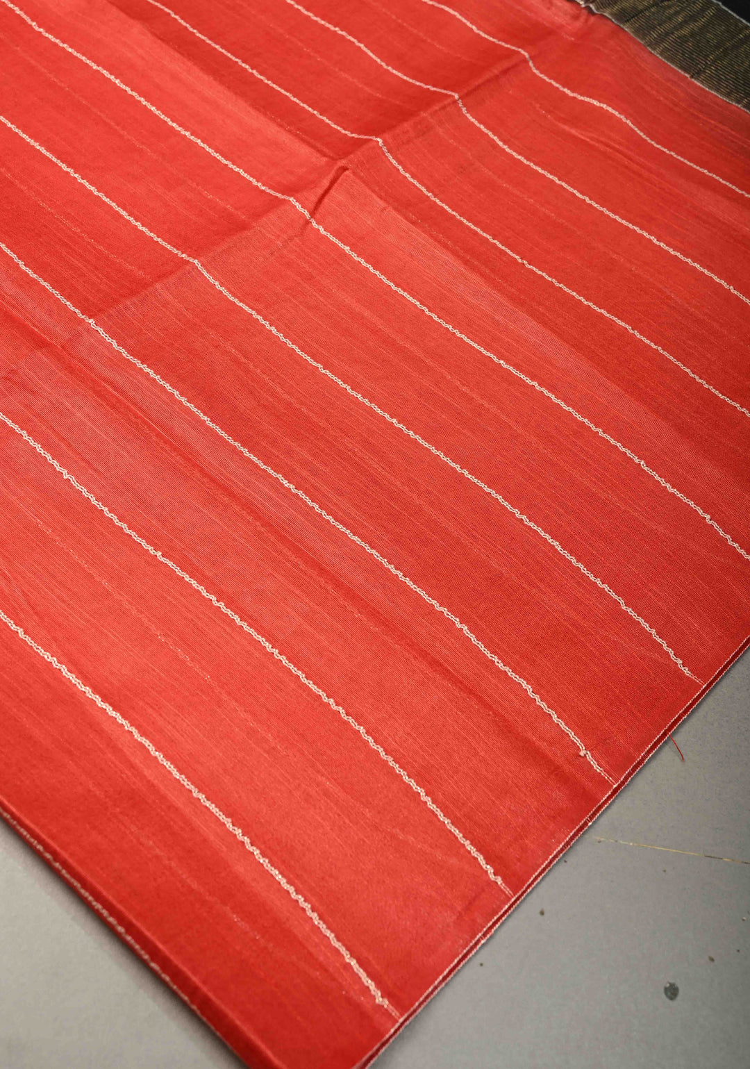 Vermilion Red Borderless Semi Tussar Saree with Thread-Zari Horizontal Stripes and Contrast Pallu | SHOBITAM