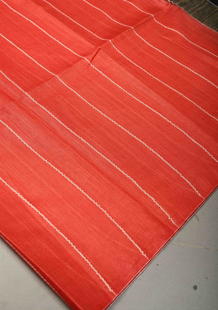 Vermilion Red Borderless Semi Tussar Saree with Thread-Zari Horizontal Stripes and Contrast Pallu | SHOBITAM