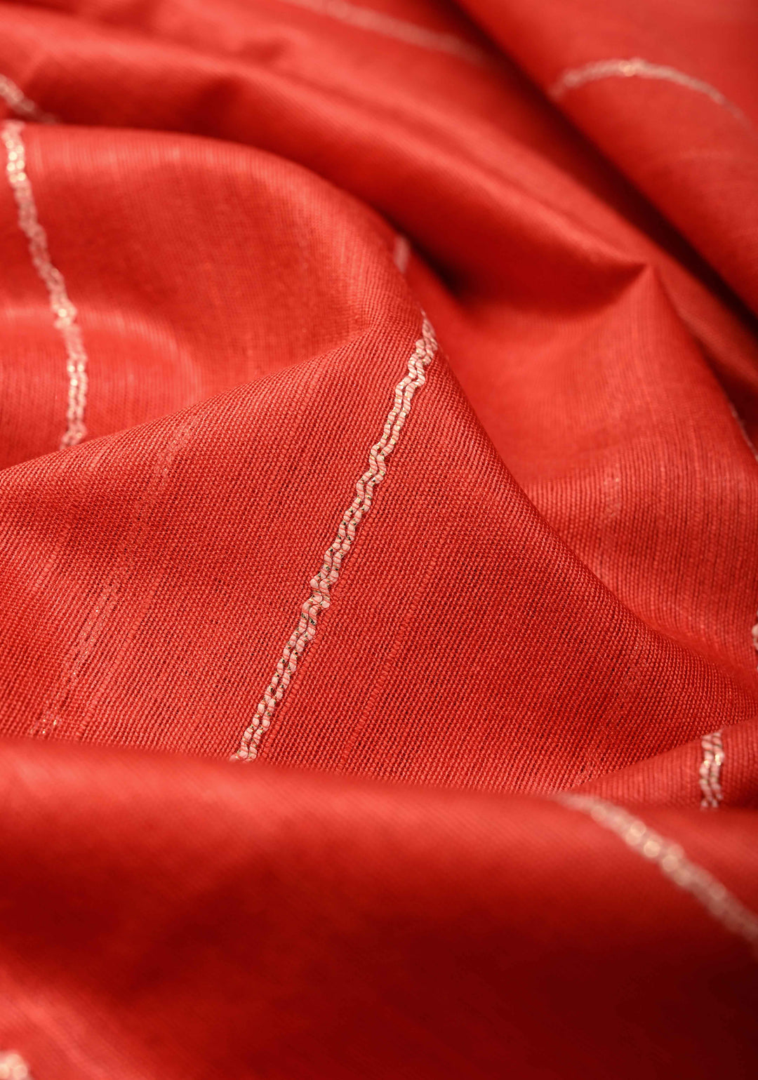 Vermilion Red Borderless Semi Tussar Saree with Thread-Zari Horizontal Stripes and Contrast Pallu | SHOBITAM