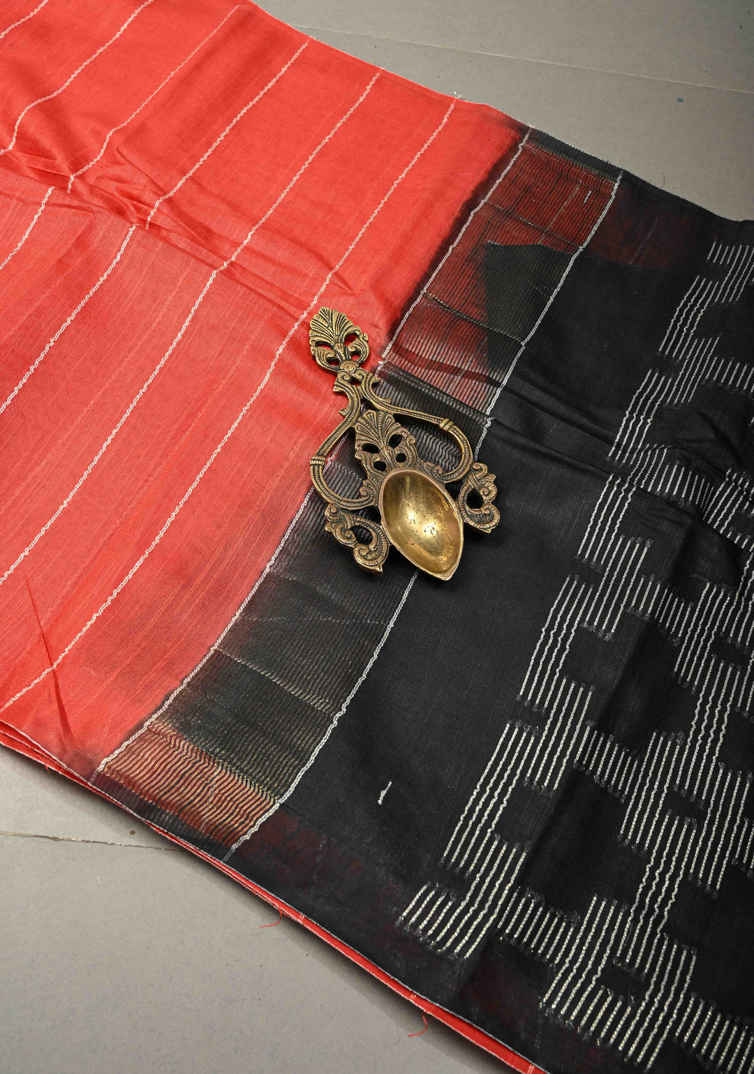 Vermilion Red Borderless Semi Tussar Saree with Thread-Zari Horizontal Stripes and Contrast Pallu | SHOBITAM