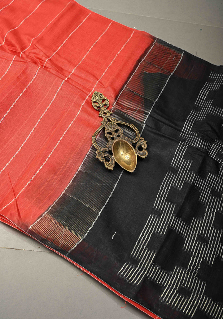 Vermilion Red Borderless Semi Tussar Saree with Thread-Zari Horizontal Stripes and Contrast Pallu | SHOBITAM