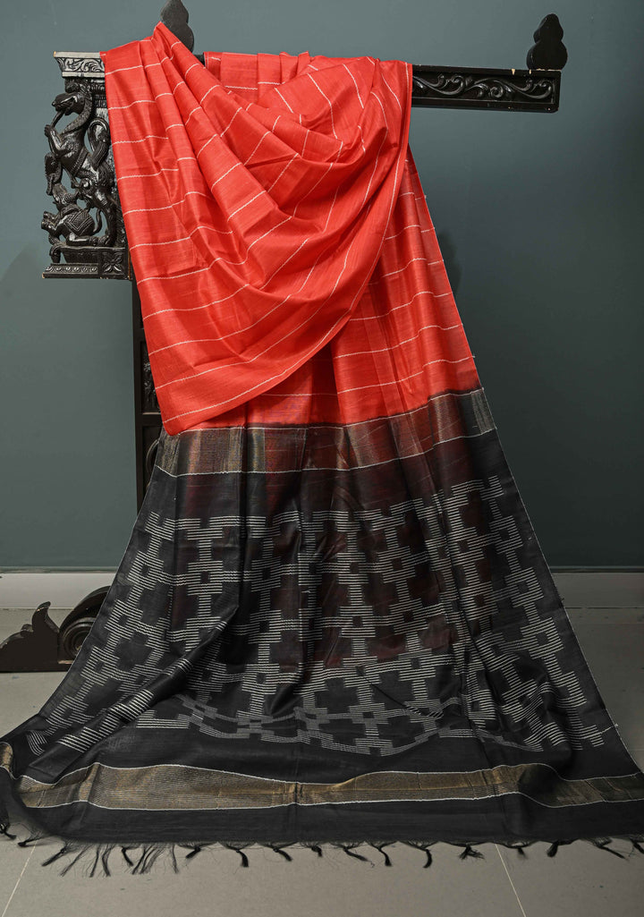 Vermilion Red Borderless Semi Tussar Saree with Thread-Zari Horizontal Stripes and Contrast Pallu | SHOBITAM