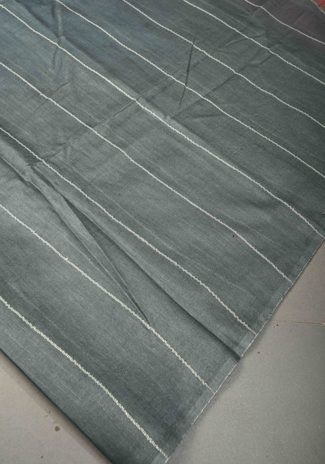 Gray Borderless Semi Tussar Saree with Thread Horizontal Stripes and Contrast Pallu | SHOBITAM