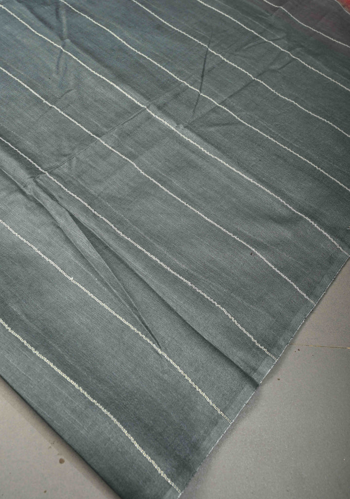 Gray Borderless Semi Tussar Saree with Thread Horizontal Stripes and Contrast Pallu | SHOBITAM