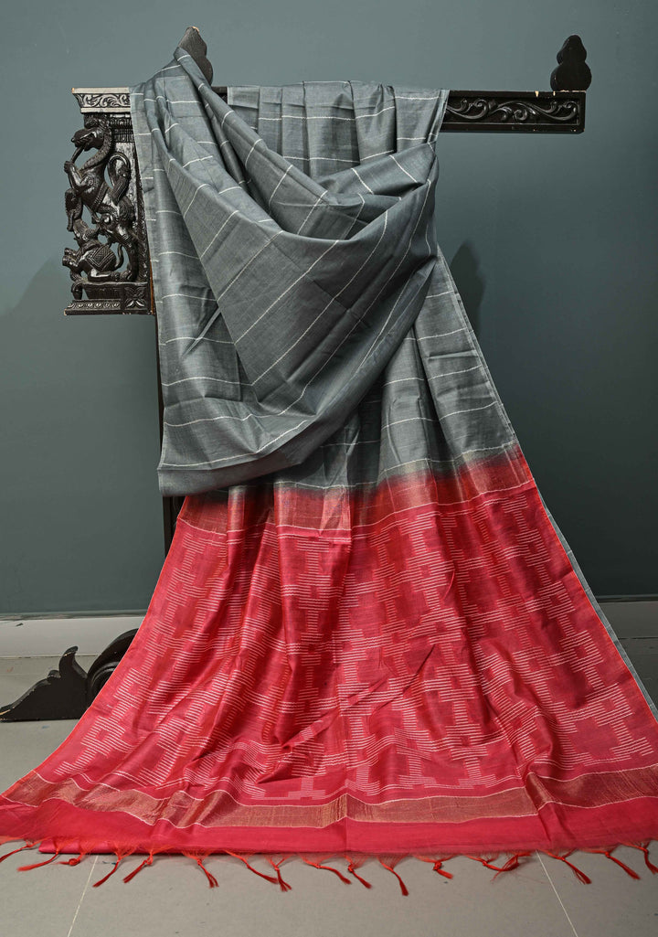 Gray Borderless Semi Tussar Saree with Thread Horizontal Stripes and Contrast Pallu | SHOBITAM