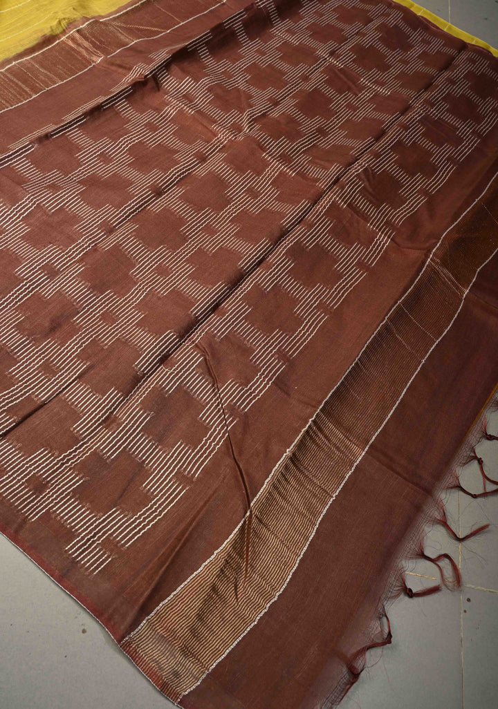 Moss Green Borderless Semi Tussar Saree with Thread-Zari Horizontal Stripes and Contrast Pallu | SHOBITAM