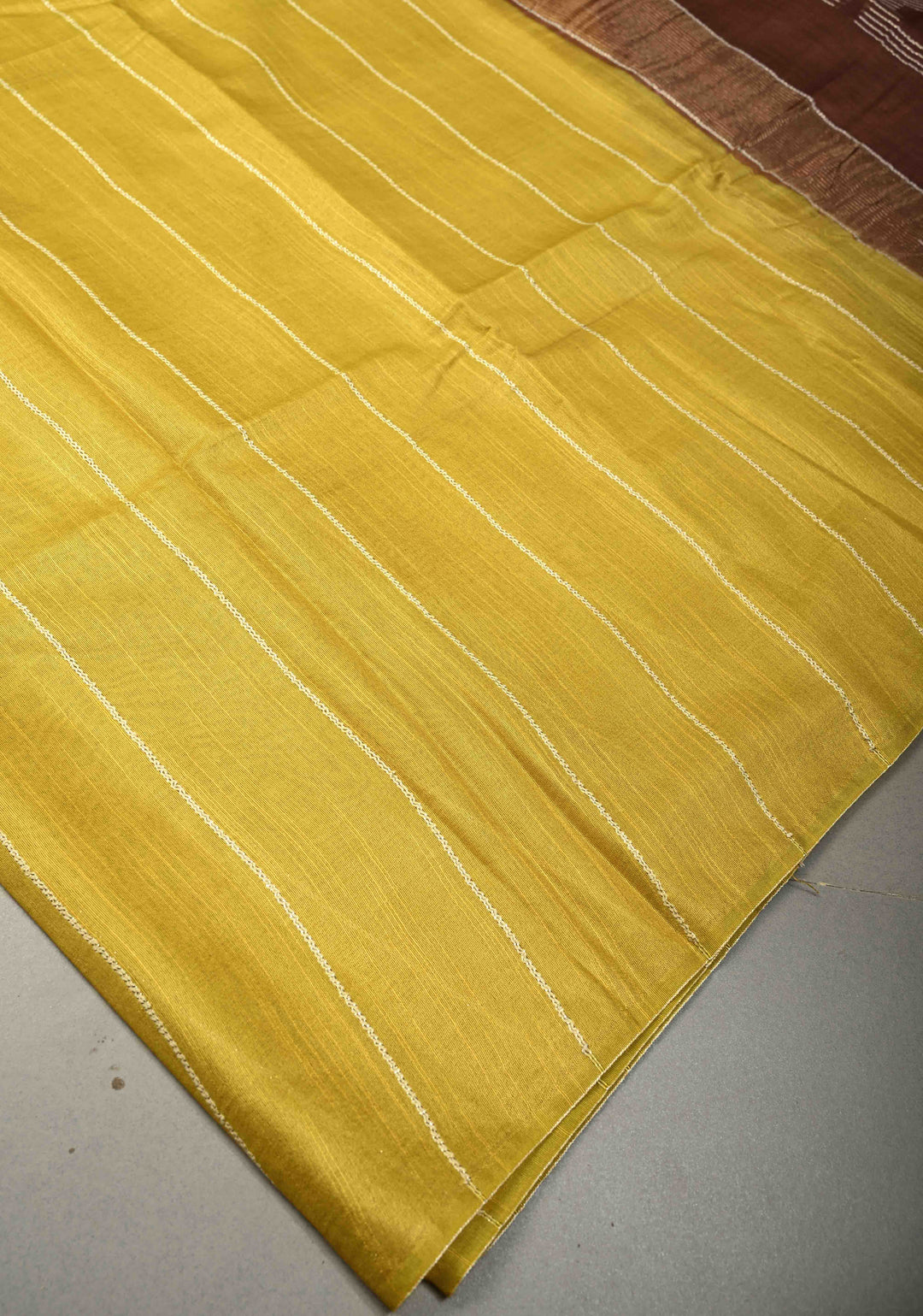 Moss Green Borderless Semi Tussar Saree with Thread-Zari Horizontal Stripes and Contrast Pallu | SHOBITAM