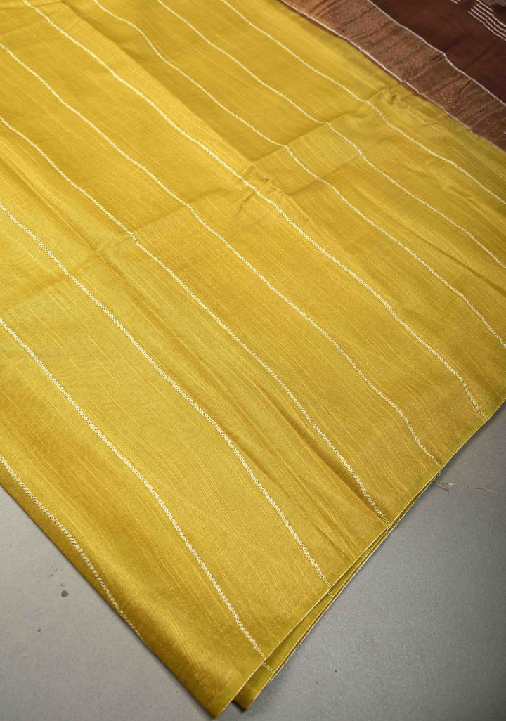 Moss Green Borderless Semi Tussar Saree with Thread-Zari Horizontal Stripes and Contrast Pallu | SHOBITAM