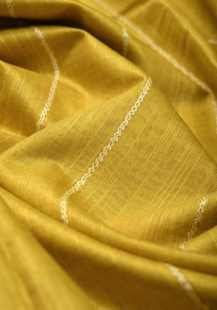 Moss Green Borderless Semi Tussar Saree with Thread-Zari Horizontal Stripes and Contrast Pallu | SHOBITAM