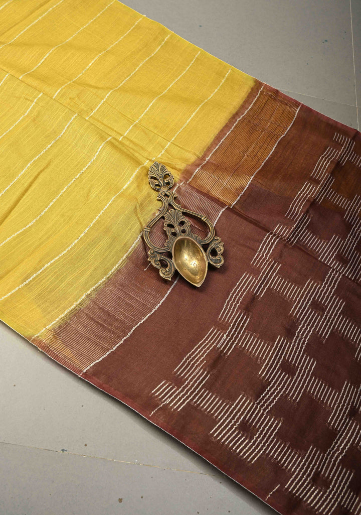 Moss Green Borderless Semi Tussar Saree with Thread-Zari Horizontal Stripes and Contrast Pallu | SHOBITAM