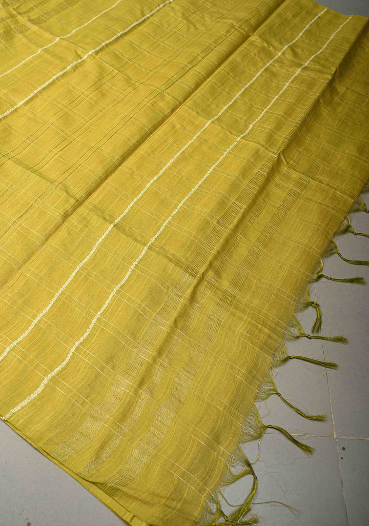Moss Green Checks Borderless Semi Tussar Saree with Zari Buttas and | SHOBITAM