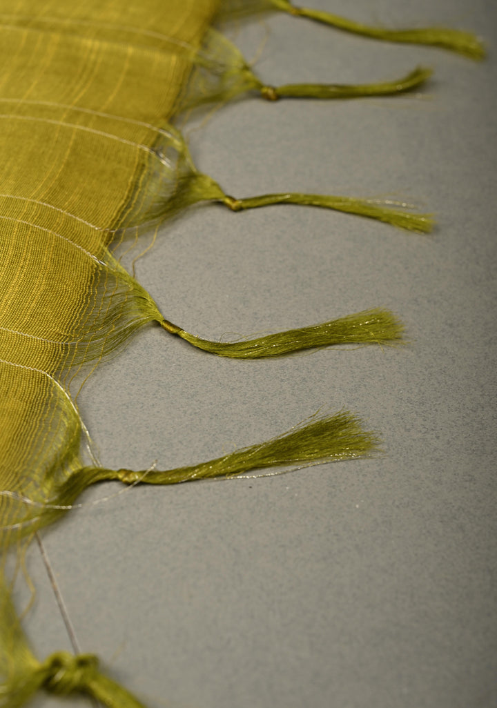 Moss Green Checks Borderless Semi Tussar Saree with Zari Buttas and | SHOBITAM